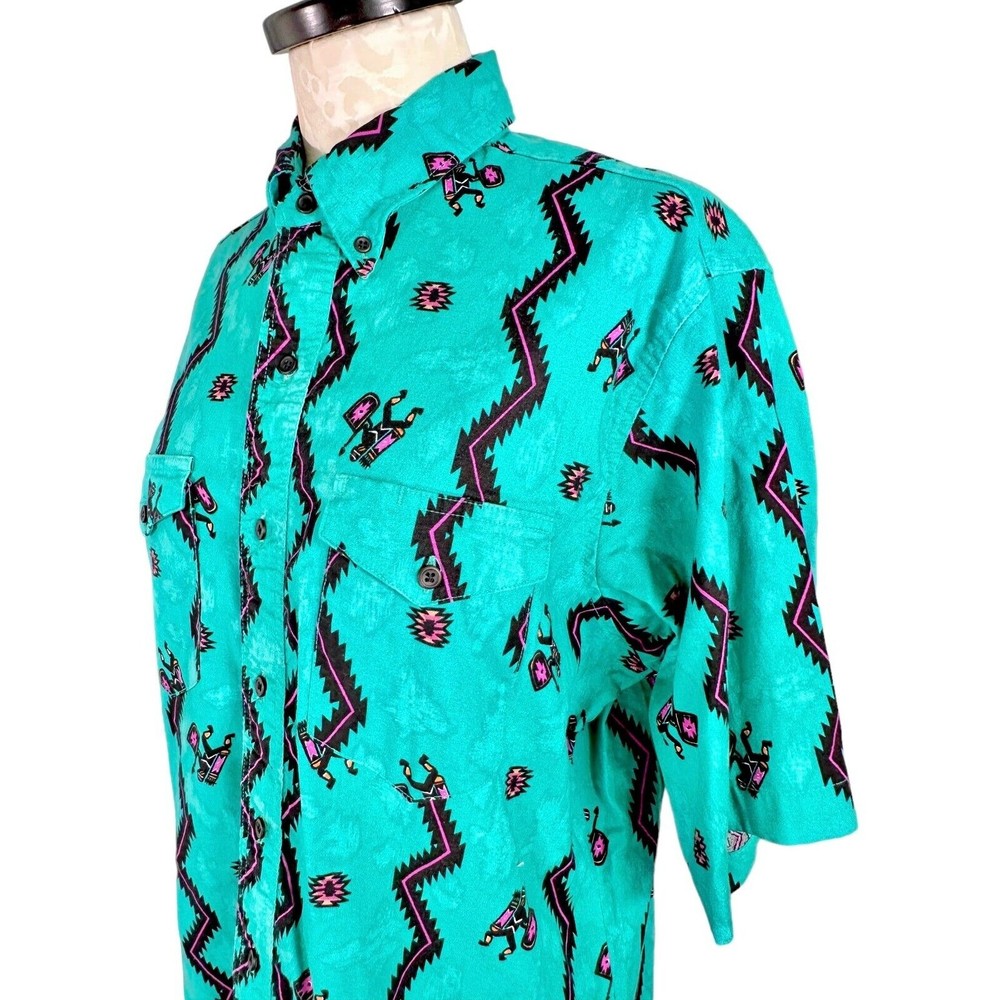 Vintage Wrangler Western Shirt Aztec Teal Cowboy Cut X-Long Tails Men's 17 - Picture 8 of 13
